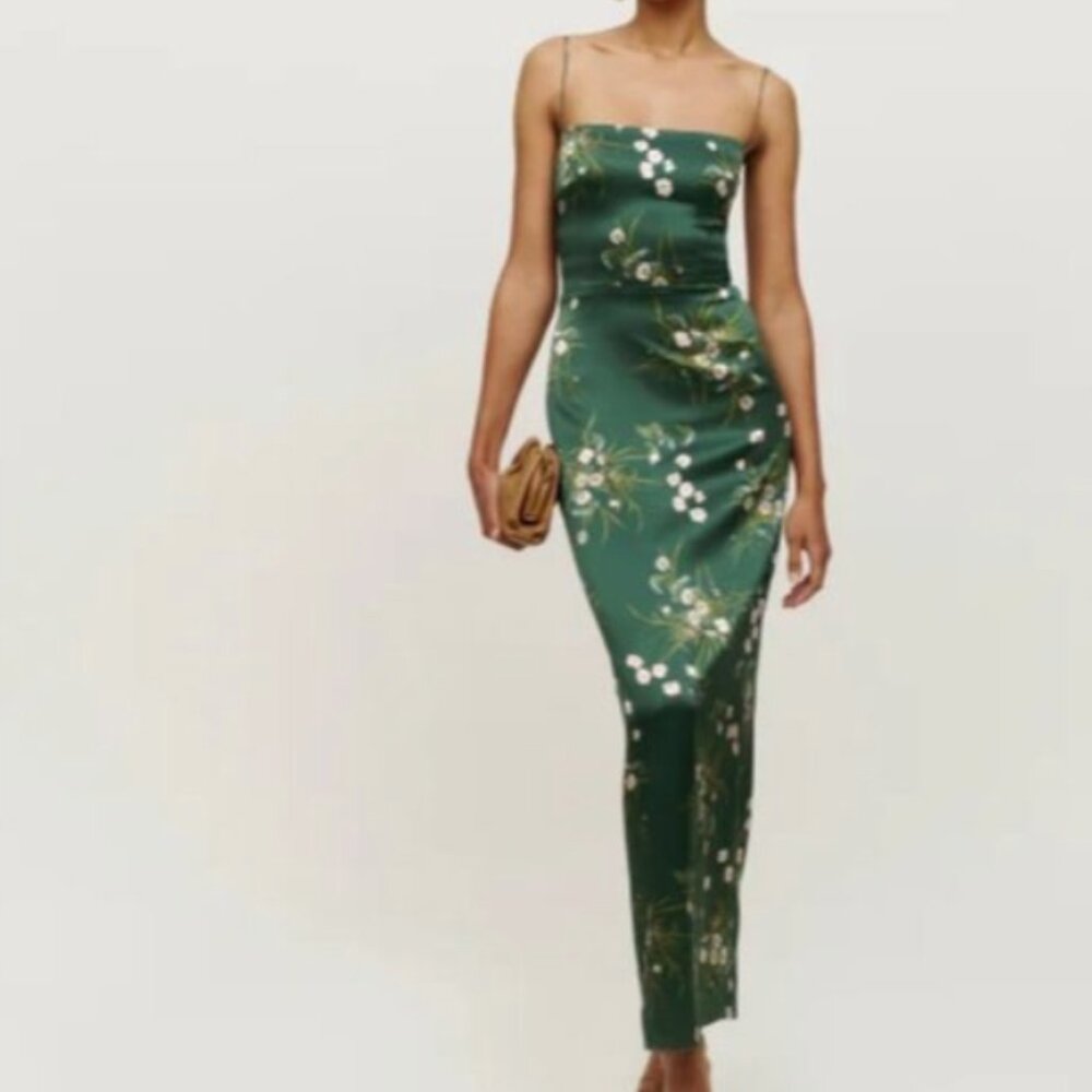 Reformation Frankie Silk Dress in Buena Green Floral